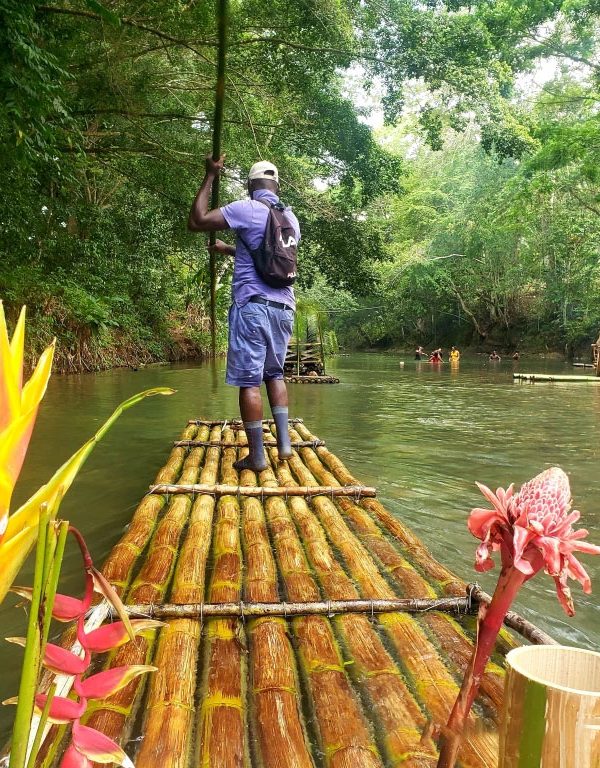 A raft driver in a cream cap and having light blue clothing, a black backpack and socks on, steers while standing on the front of a raft as he re-enters a drop-off point. In the foreground on the raft sits two colorful pieces of “Hanging Lobster Claw” (Heliconia Tropics) and “Torch Ginger” plants sticking up. There are Lethe River guests who are enjoying the water of the river as they are surrounded by many trees and vegetation on each side. There’s also some cooking happening on the right side of the river.