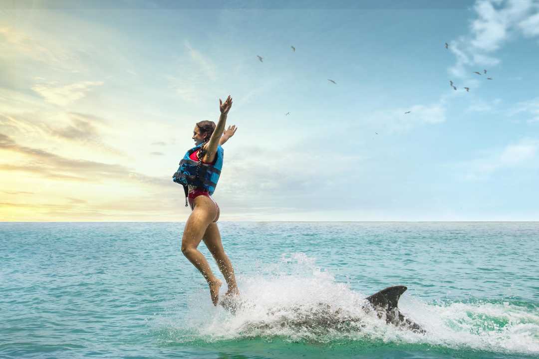 A woman stands on one leg, arms outstretched, balanced on the nose of a dolphin as he rides with her on a promo shot for the Dolphin Bay tour located at Montego Bay and Negril in Lucea, Jamaica. The Caribbean Sea is in the background. Private tour traveling guests of Island Turf Tours at times ask to come to this attraction.