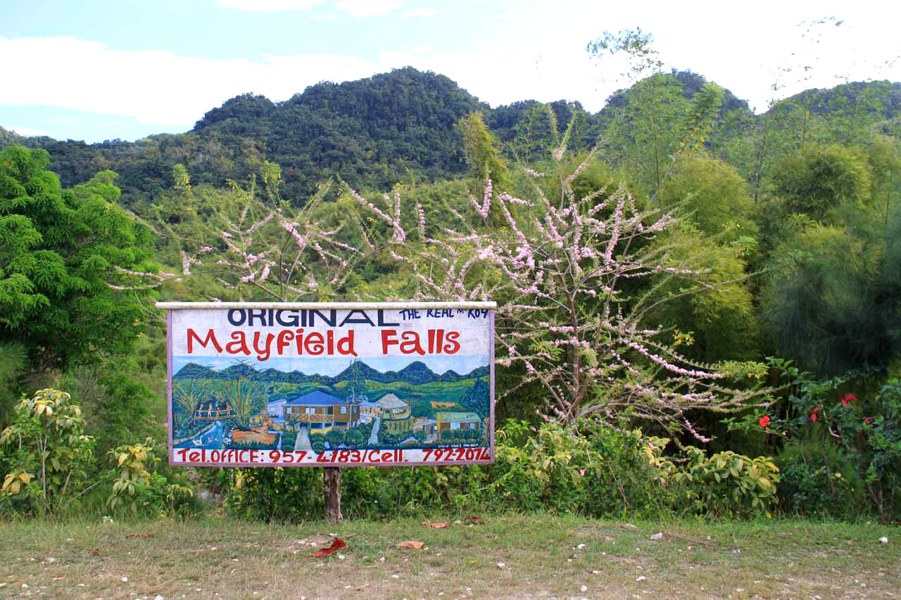 The front entrance section of the Mayfield Falls showing the wooden sign that says “the original MayField Falls” and having a picture of the property set against some rolling hills. The falls is a popular destination for Island Turf Tours visitors.